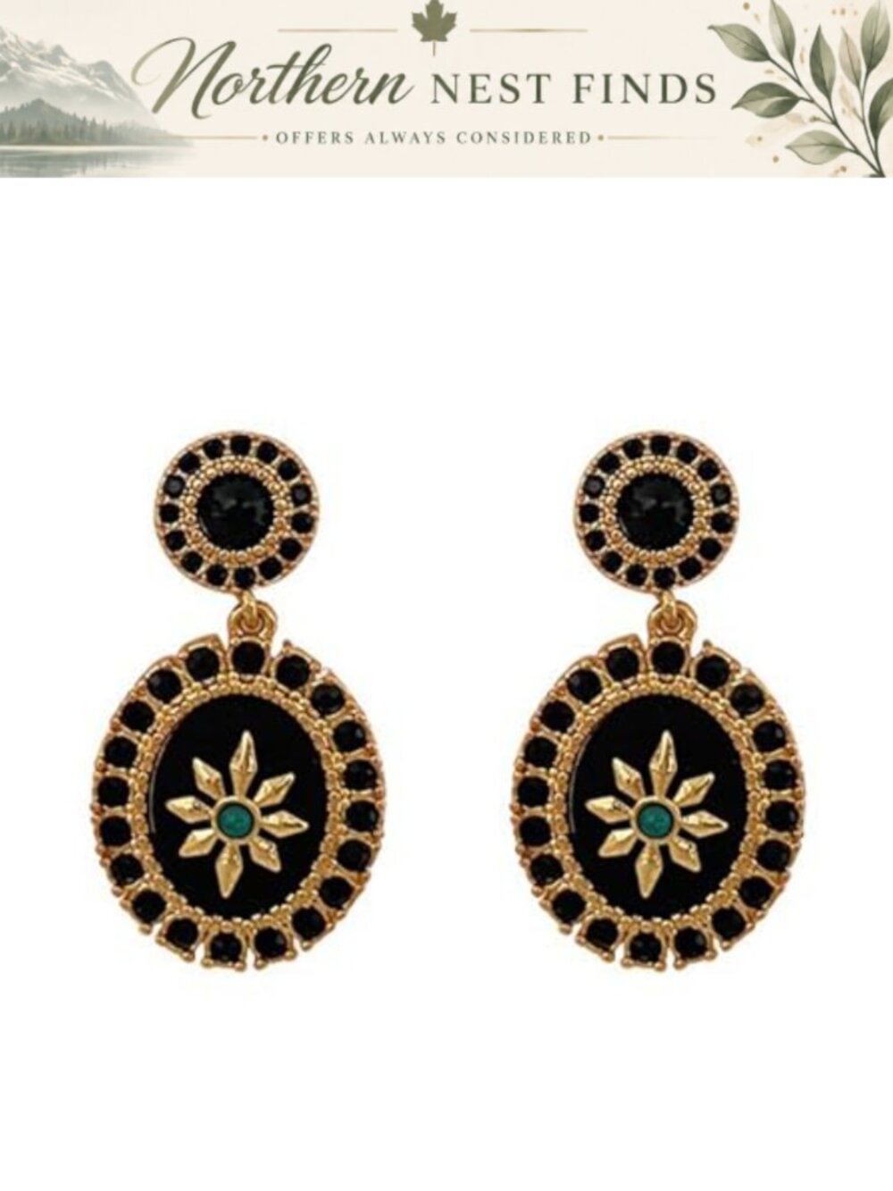 Gold Plated Octagram Drop Earrings Black Cubic Zirconia Vintage Statement